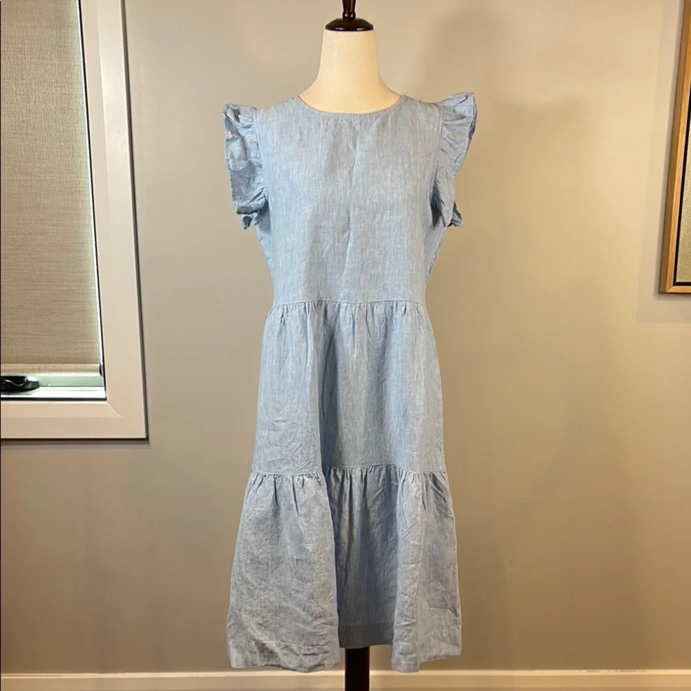 Elegant Blue Chambray Ruffle Sleeve Dress - Picture 1 of 6